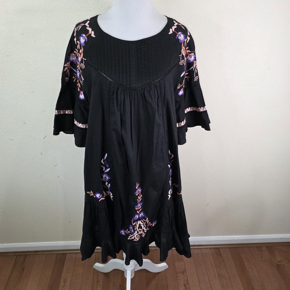Free People Pavlo Embroidered Babydoll Dress Black Boho Tunic Mini Womens M